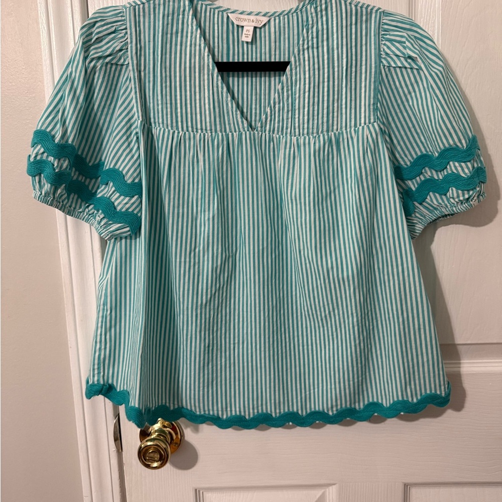 crown & ivy Teal and White Striped Blouse